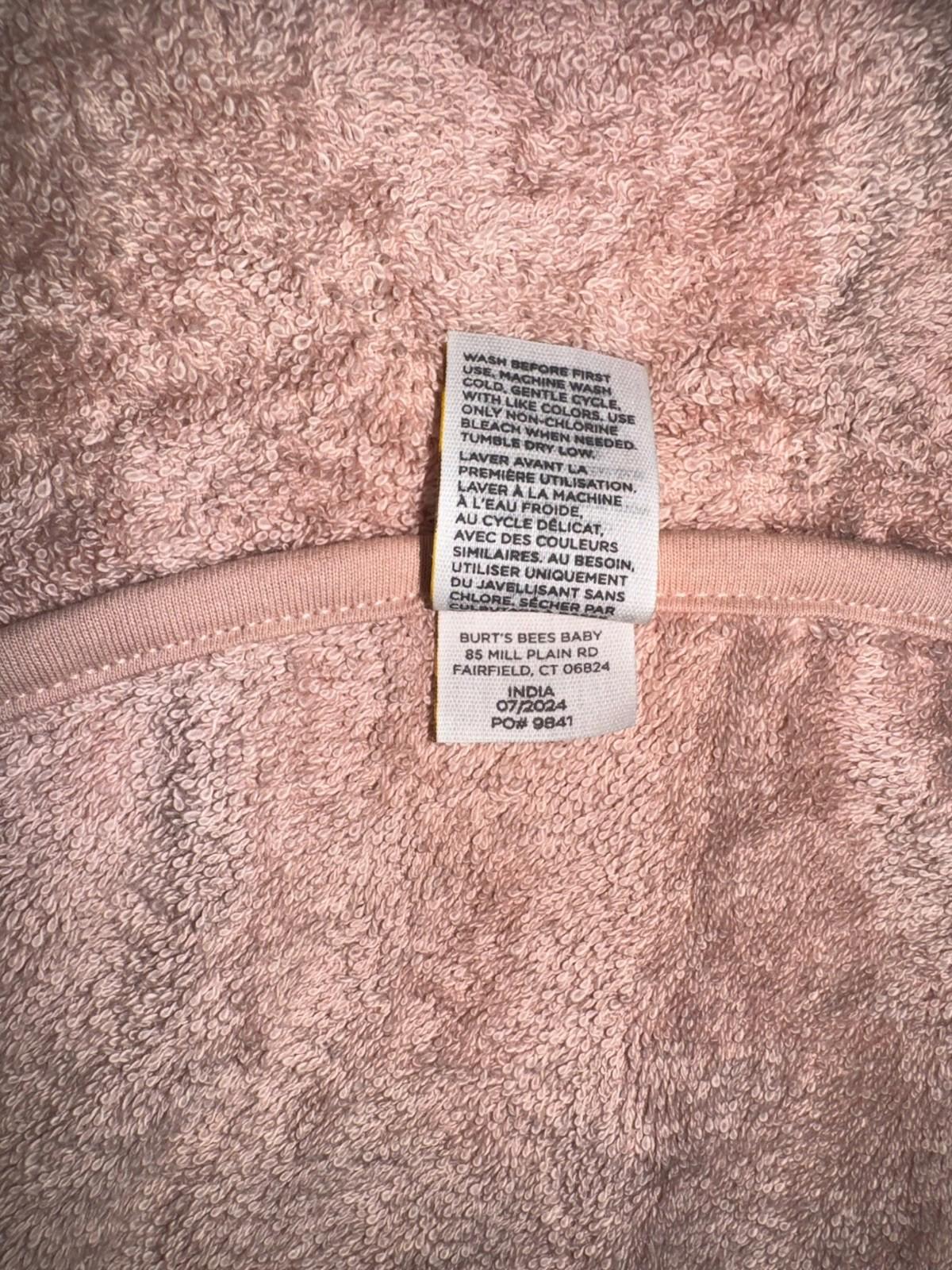 Burt's Bees Baby Hooded Towel Pink Bunny Organic Cotton Bath Animal Towel NWT