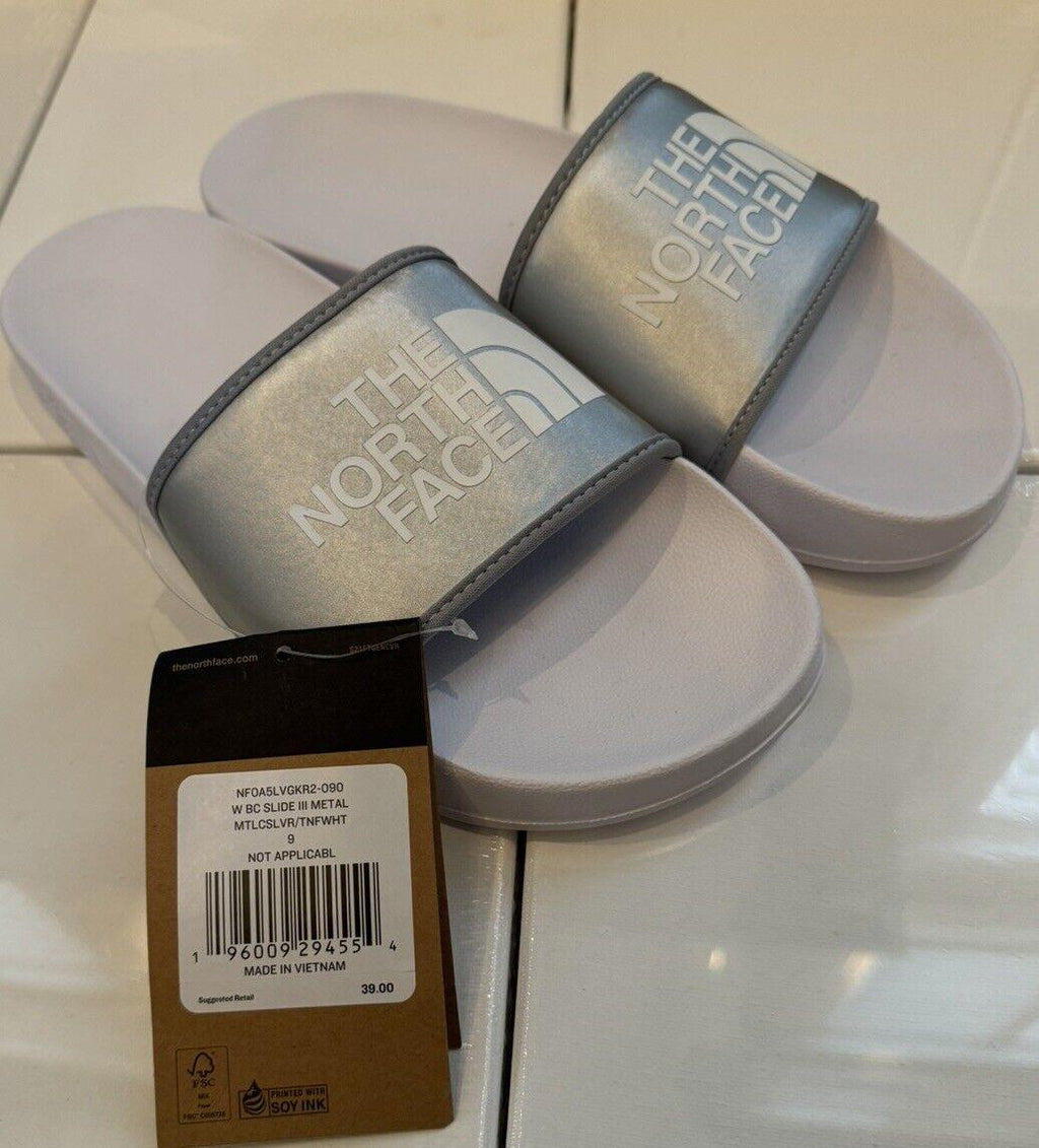 NORTH FACE WOMENS METALLIC SILVER BASE CAMP SLIDES NEW 10
