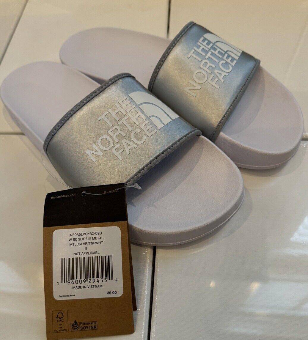 NORTH FACE WOMENS METALLIC SILVER BASE CAMP SLIDES NEW 10