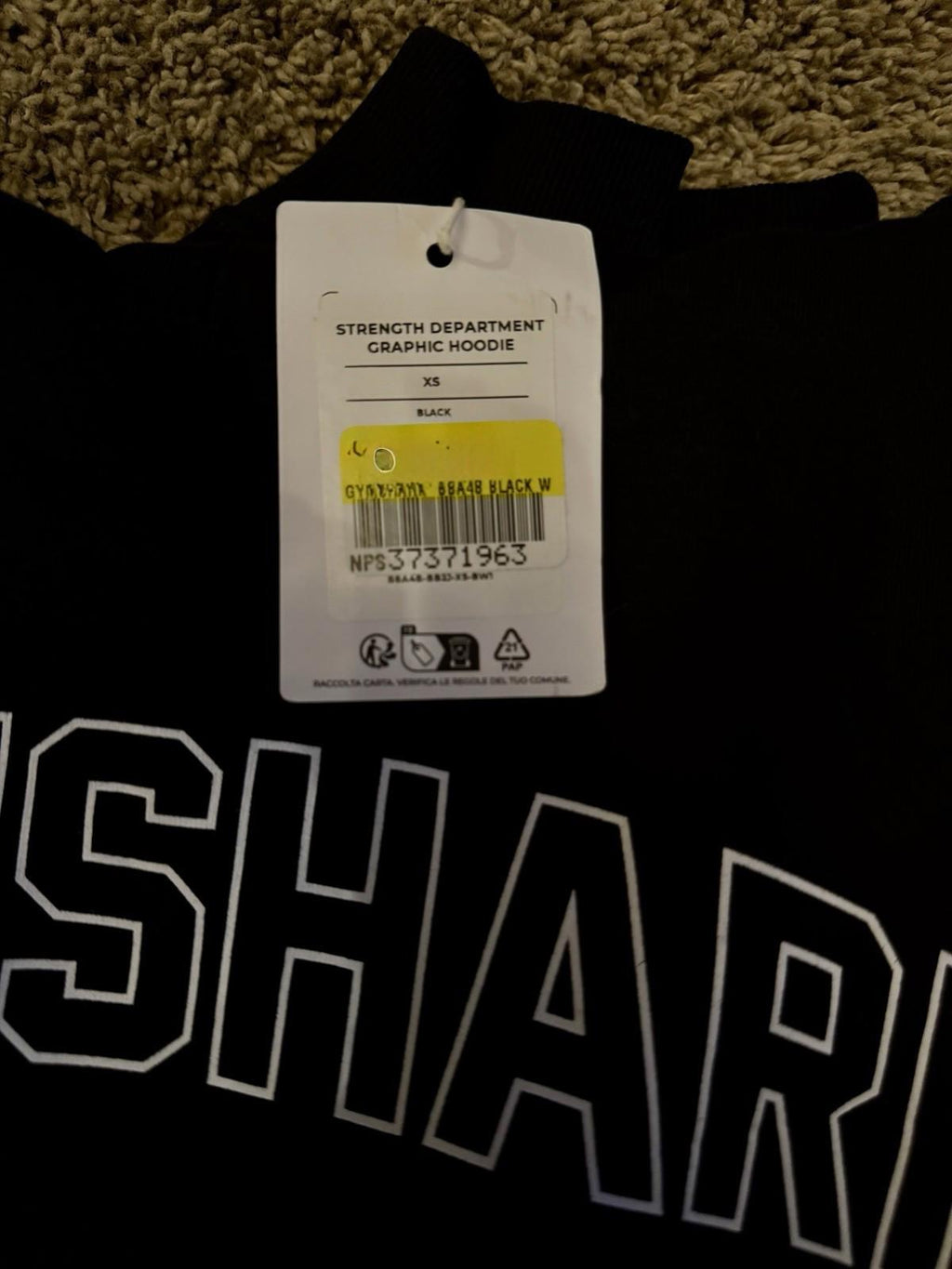 G308 GYMSHARK Strength Department Graphic Oversized Hoodie Black Womens Size XS