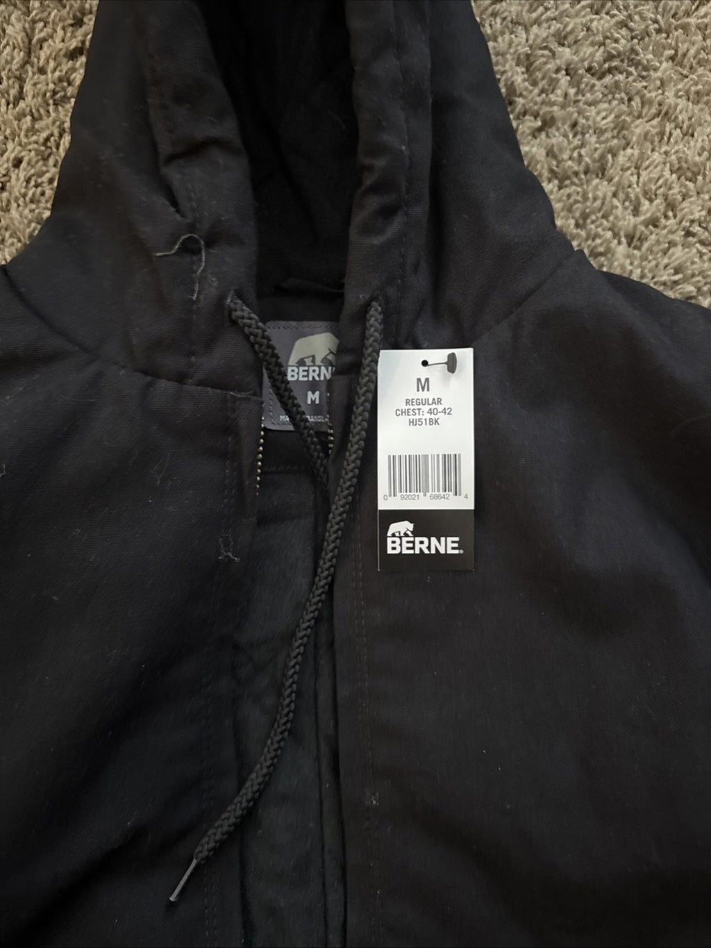 Men's Berne Black Hooded Active Jacket  - Black Size M  HEAVY WORK COAT NEW