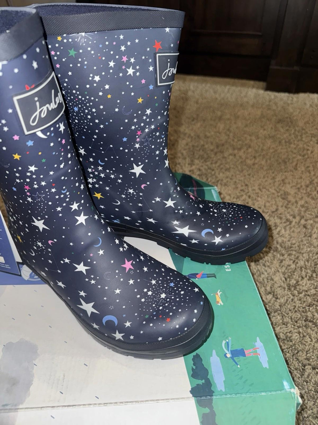 Joules Molly Welly womens navy rubber Stars rain boots US 6 EUR 37 NEW!