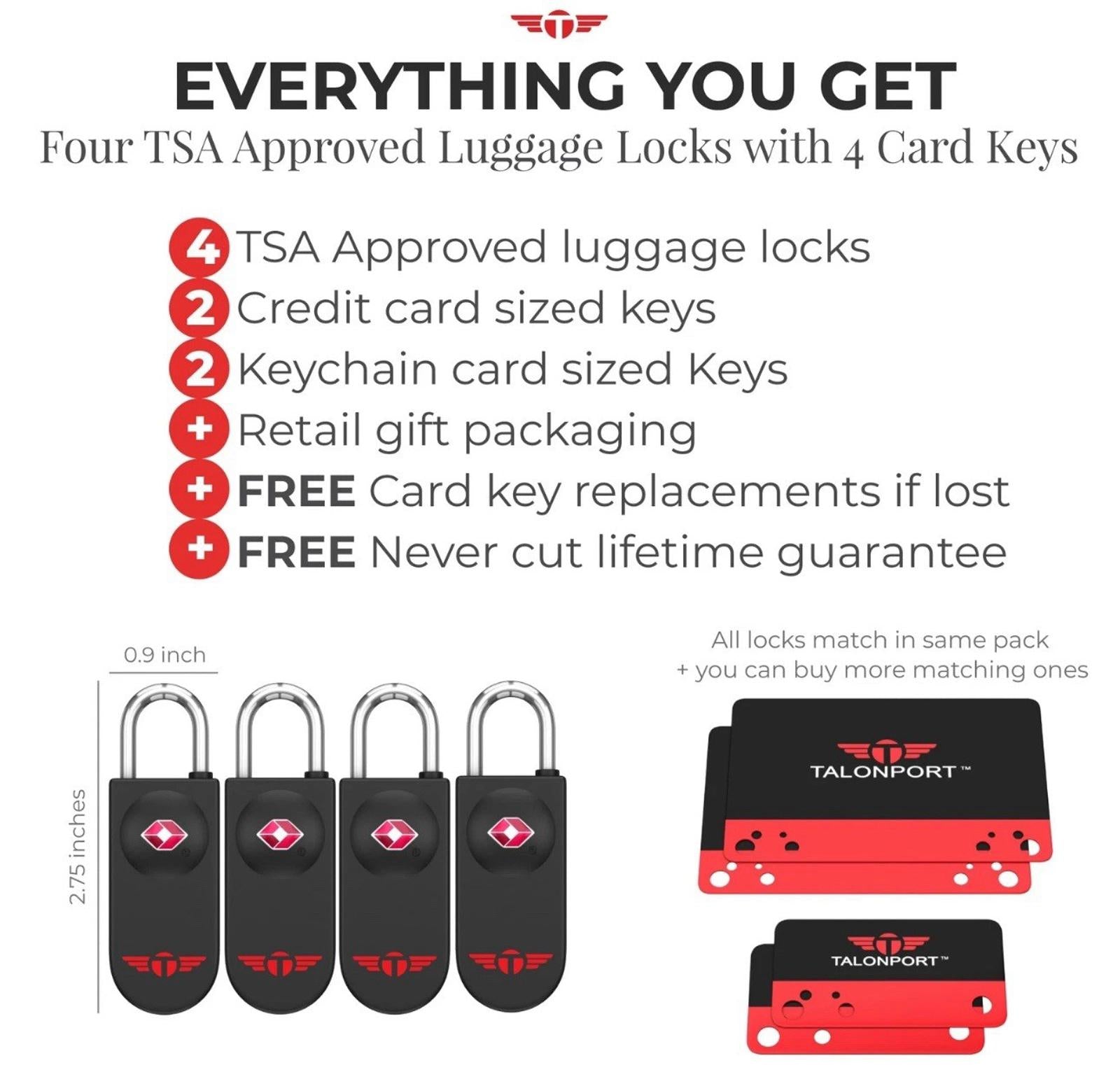 TALONPORT Keyless TSA Luggage Locks w/ Lifetime Card Keys No Combo to Forget