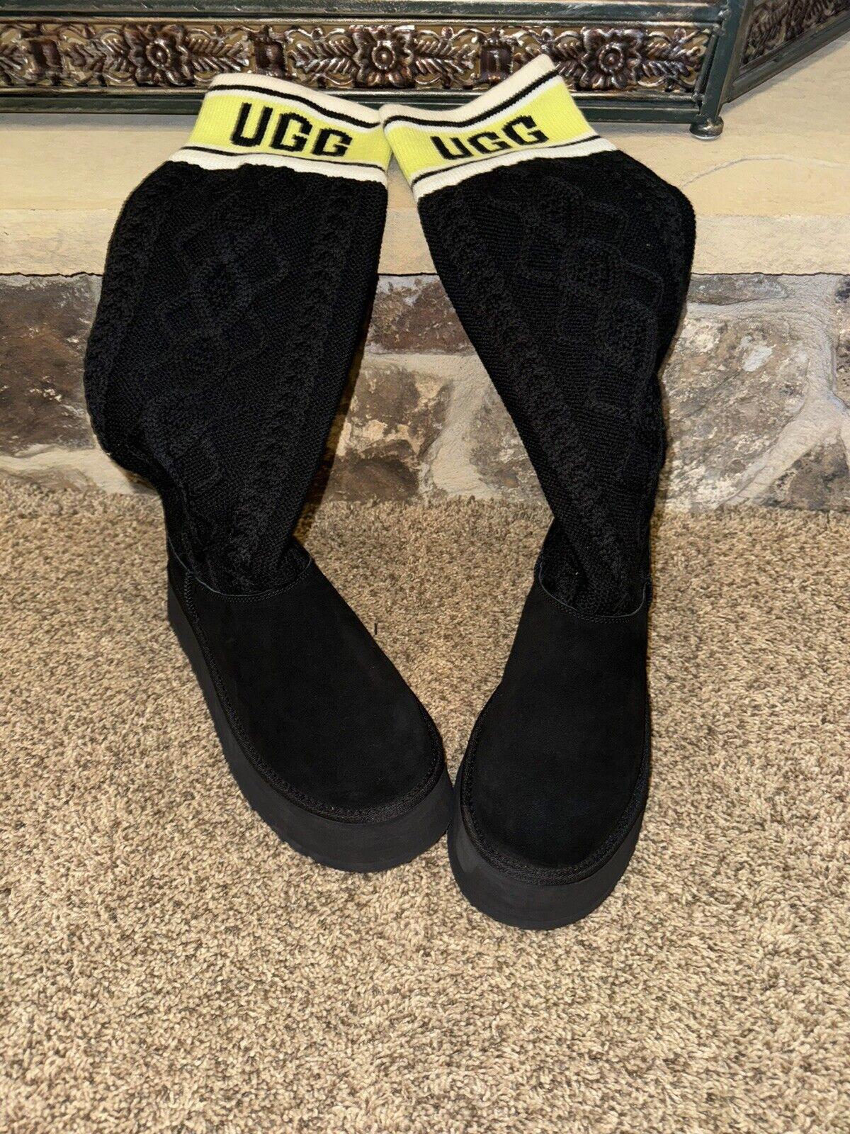 UGG Women Classic Sweater Letter Platform Black Boots Sz 9