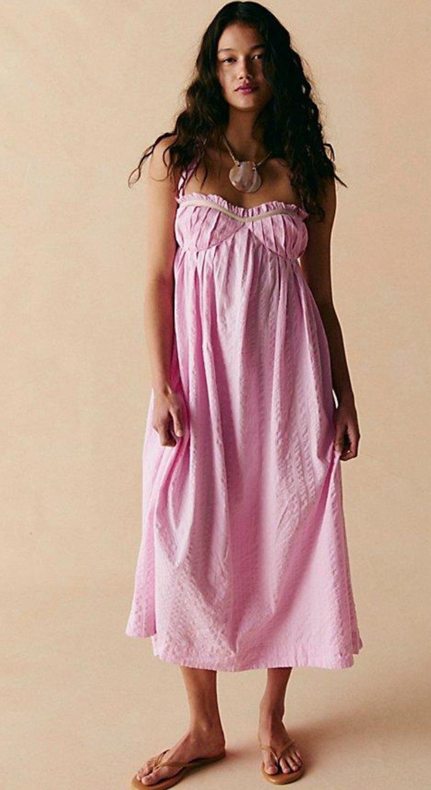 FREE PEOPLE Free-Est Poppy Maxi Dress Pink Strappy Garden Party Sz L {J30}