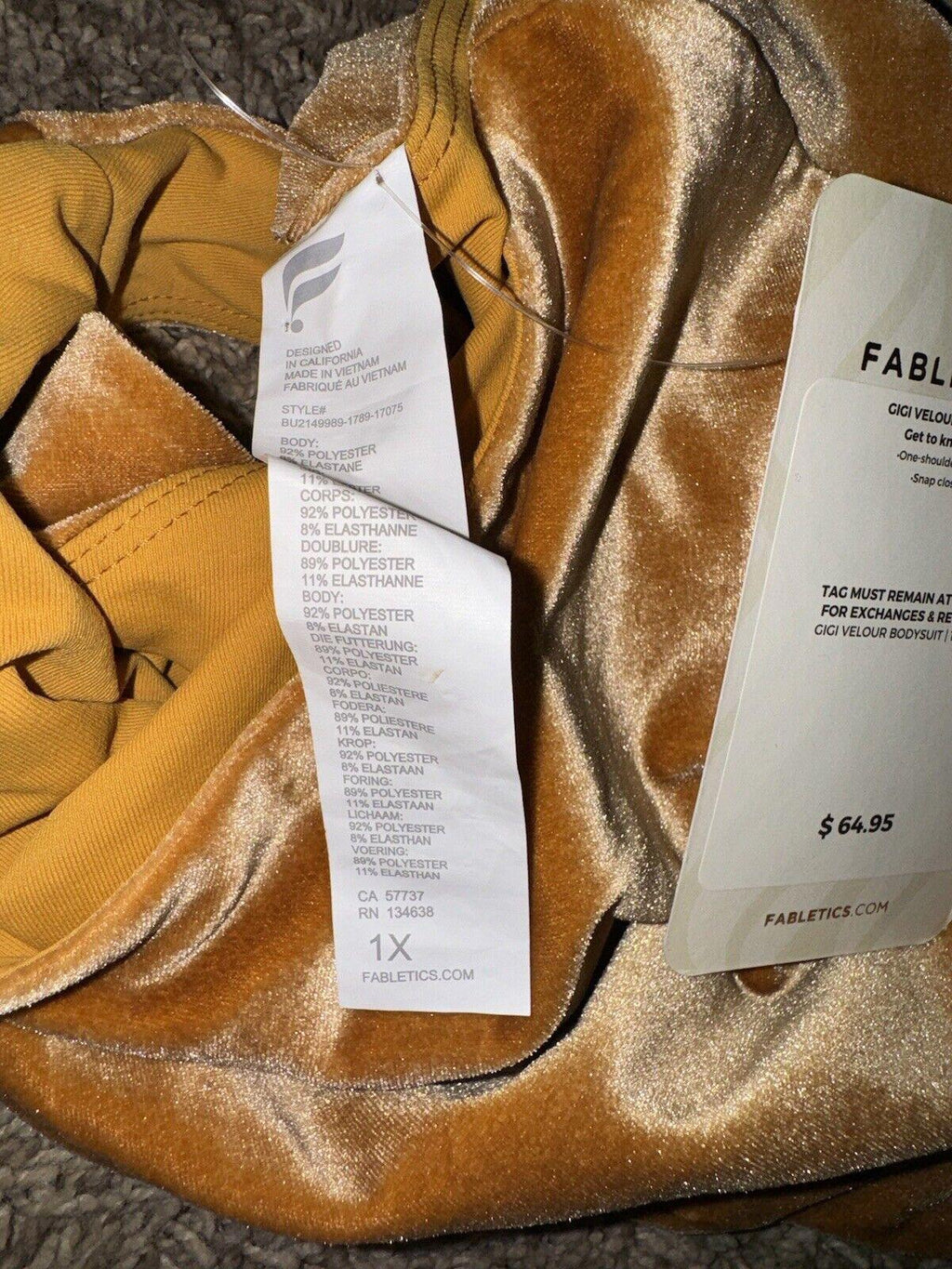 NWT Fabletics Gigi Velour Bodysuit Light honey Size XL Retail $69.95