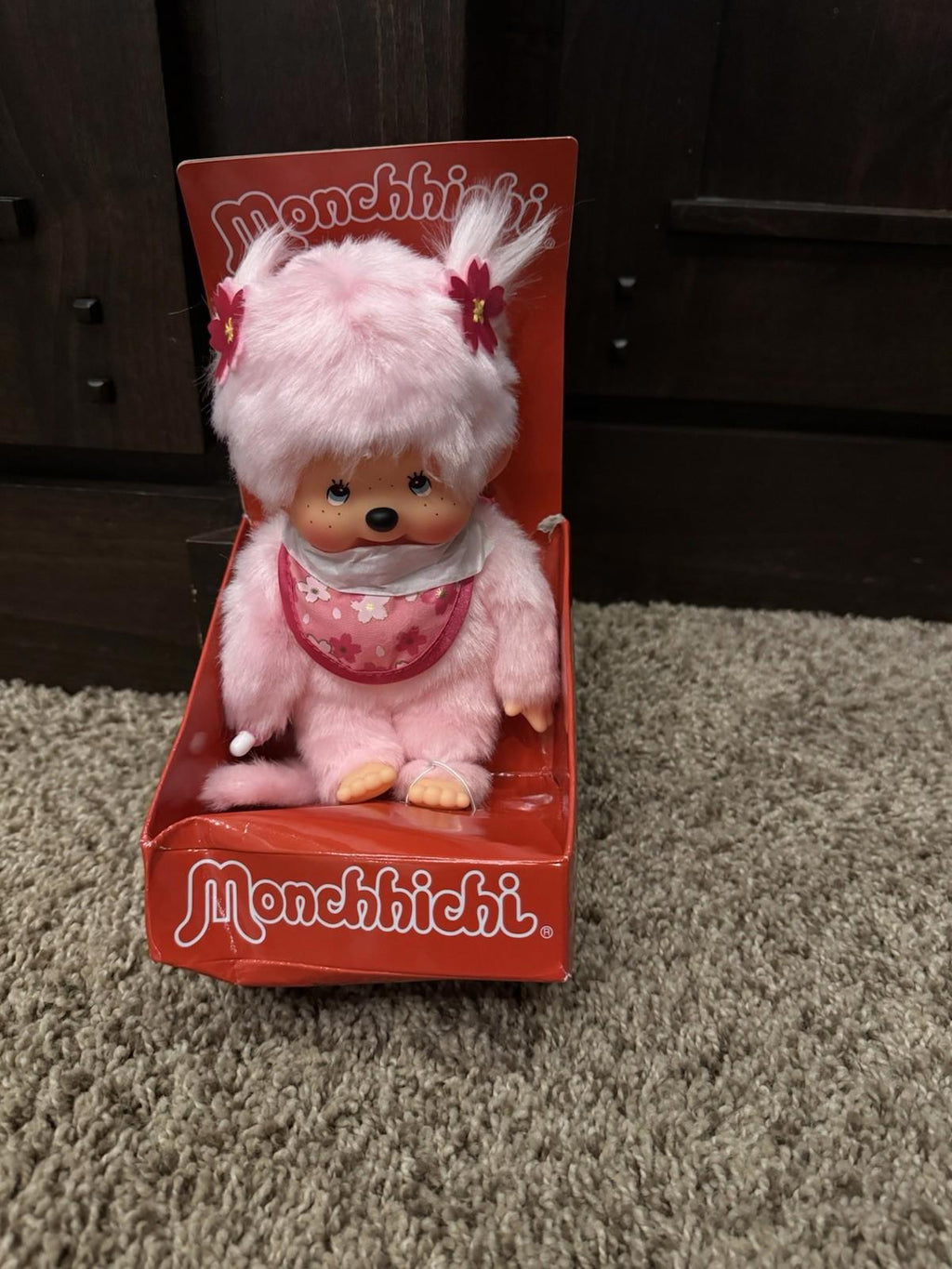 Monchhichi Sekiguchi Sakura Cherry Blossom Pink Plush Doll Rare Blue Eyes, NIB