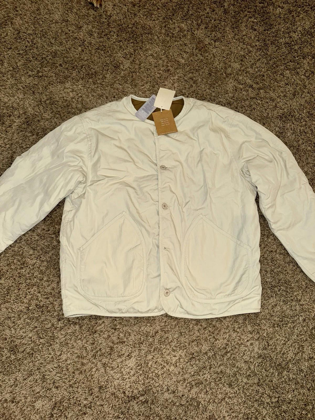 Annitude OSFM Buttonup Jacket Top Linen Mandarin Collar Pockets Womens Tan NEW