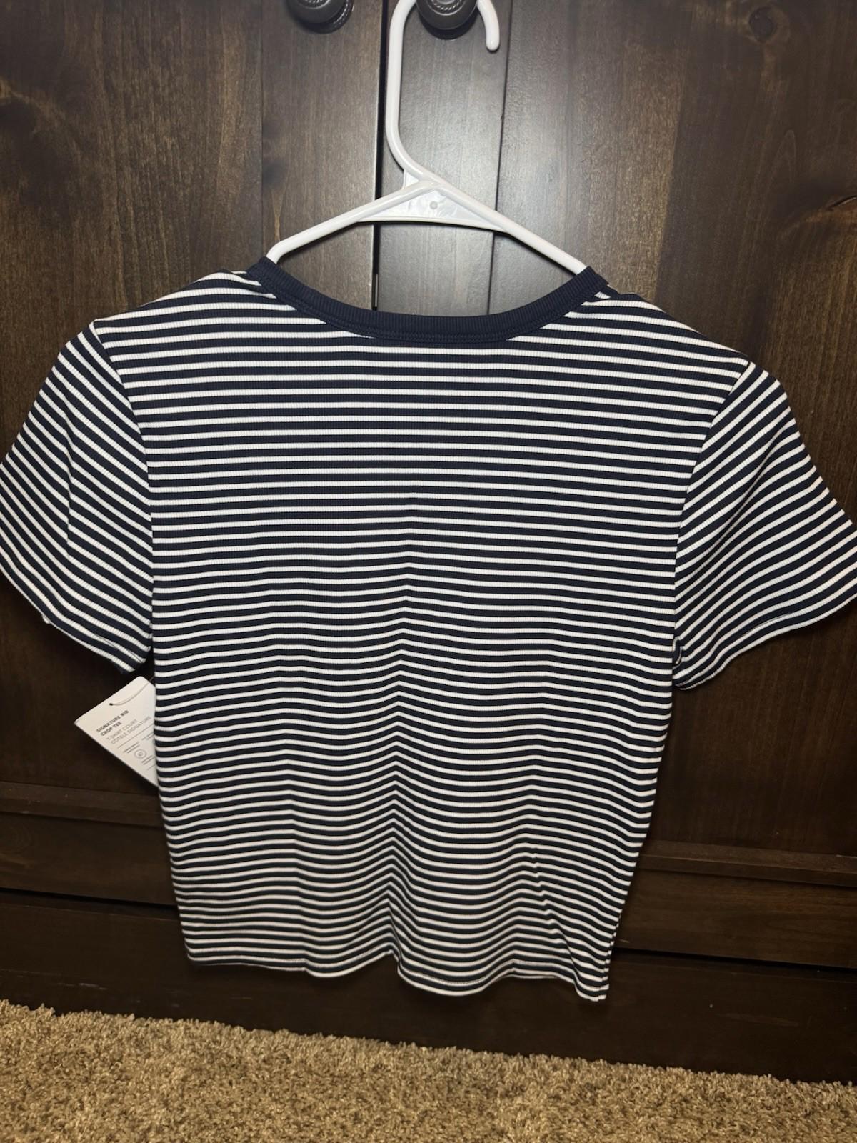 Athleta Signature Rib Crop Tee Sz S New $55 Martina Navy Stripe Short Knit Top