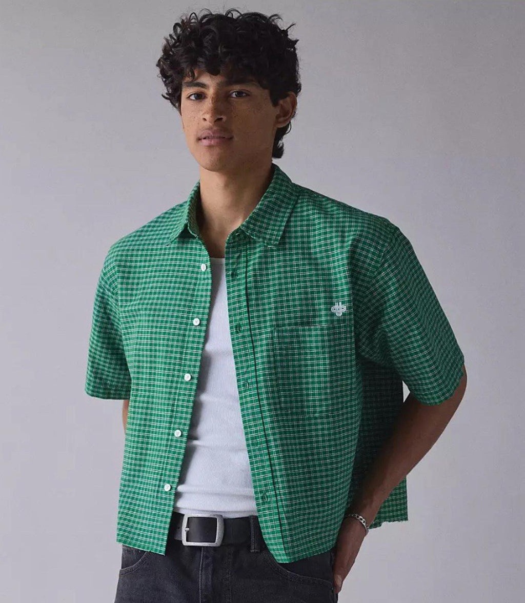NEW UO Check Pattern Cutoff Oxford Shirt L GREEN. NWT