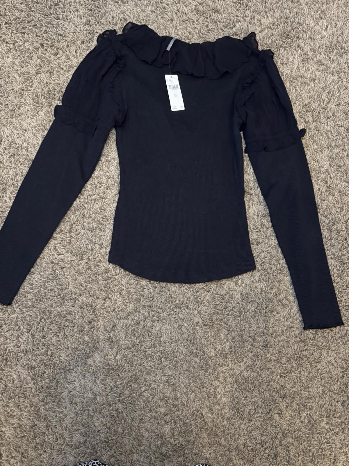 BY ANTHROPOLOGIE Long-Sleeve Ruffle Top Women's Size S Black