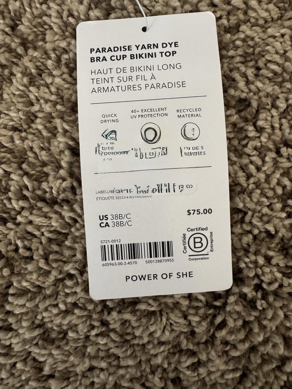 NWT Athleta PARADISE YARN DYE BRA CUP BIKINI TOP 38 B/C NEW