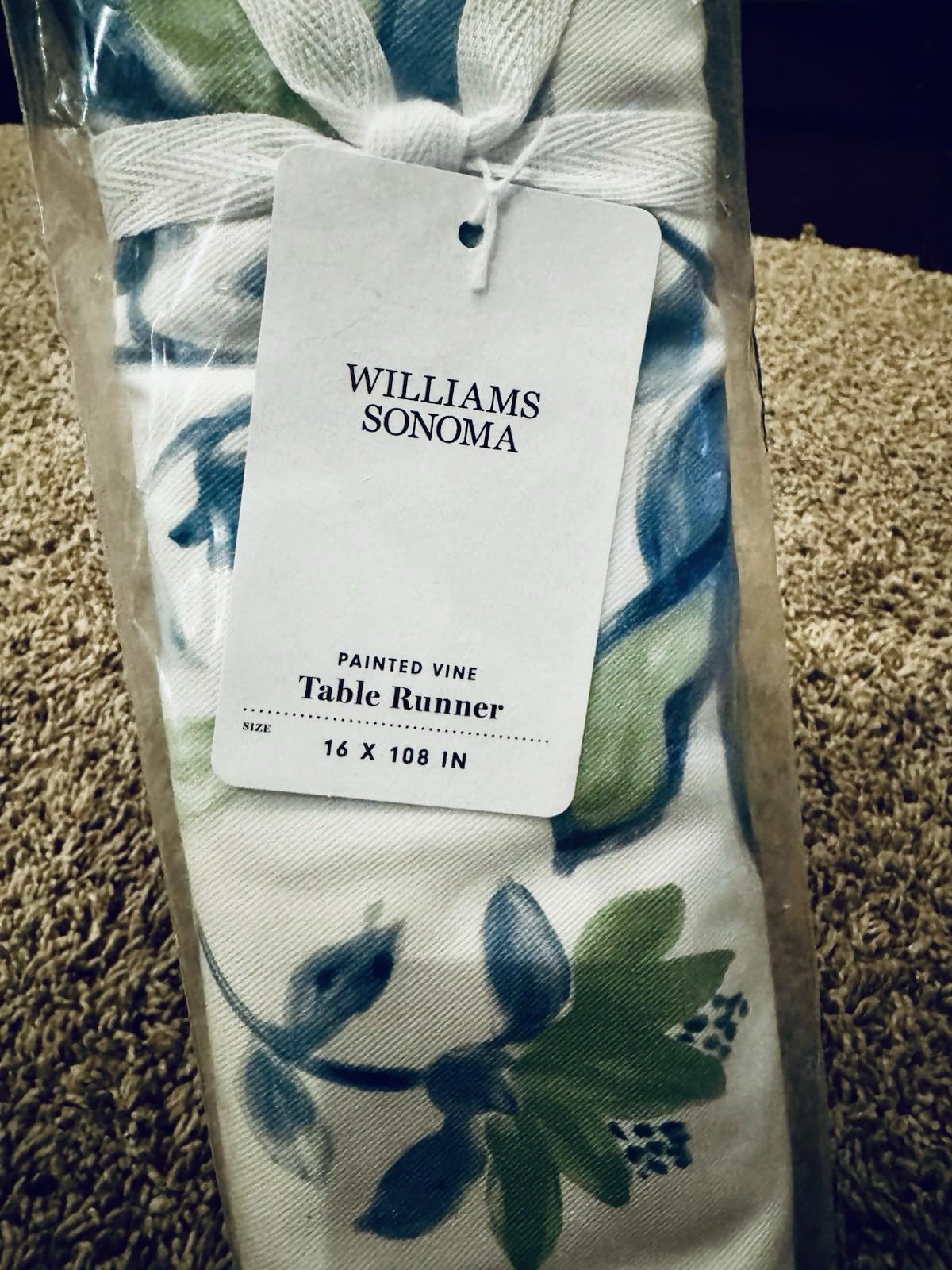 Williams Sonoma Painted Vine Table Runner Blue Green Berries Leaves 16” x 108”