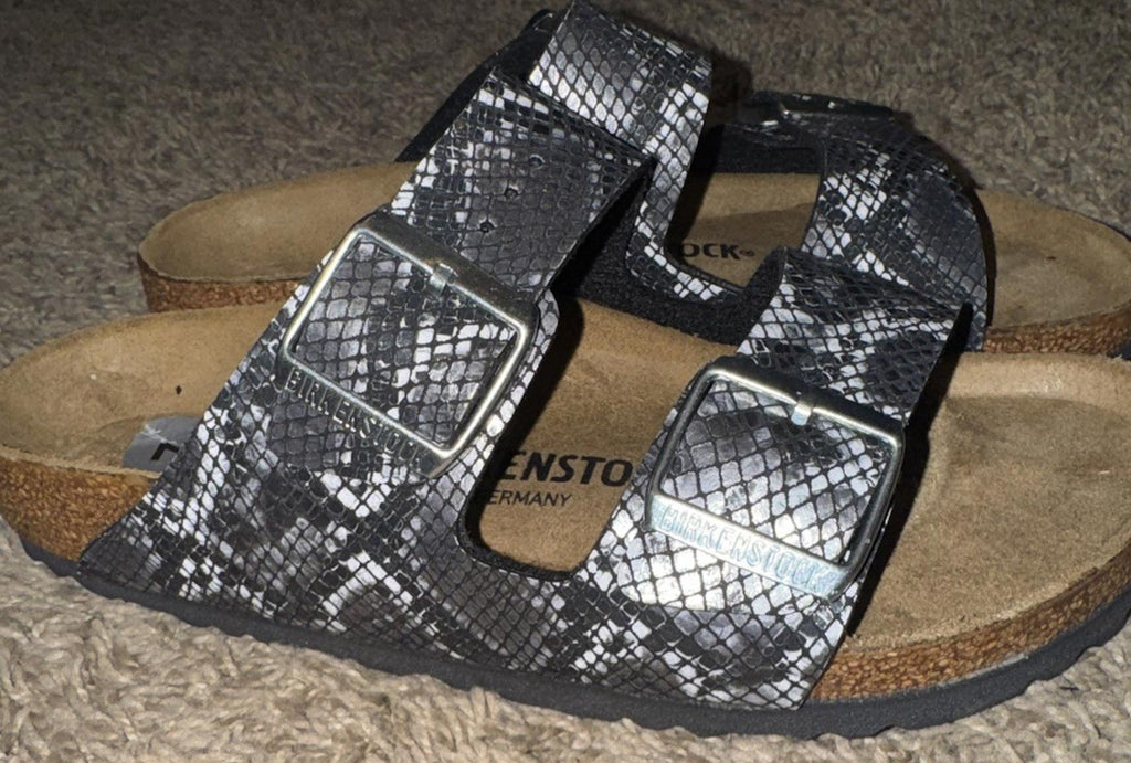 Birkenstock ARIZONA Birko-Flor Snake Print Slide Grey Sandals Women's 7 EUR 38