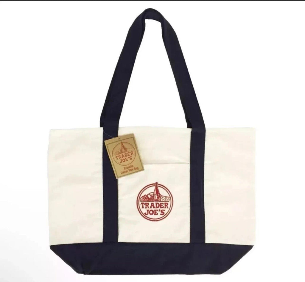 NEW LOT of 6 Trader Joe's Canvas Grocery Reusable Tote Bag Navy cream Large NIH