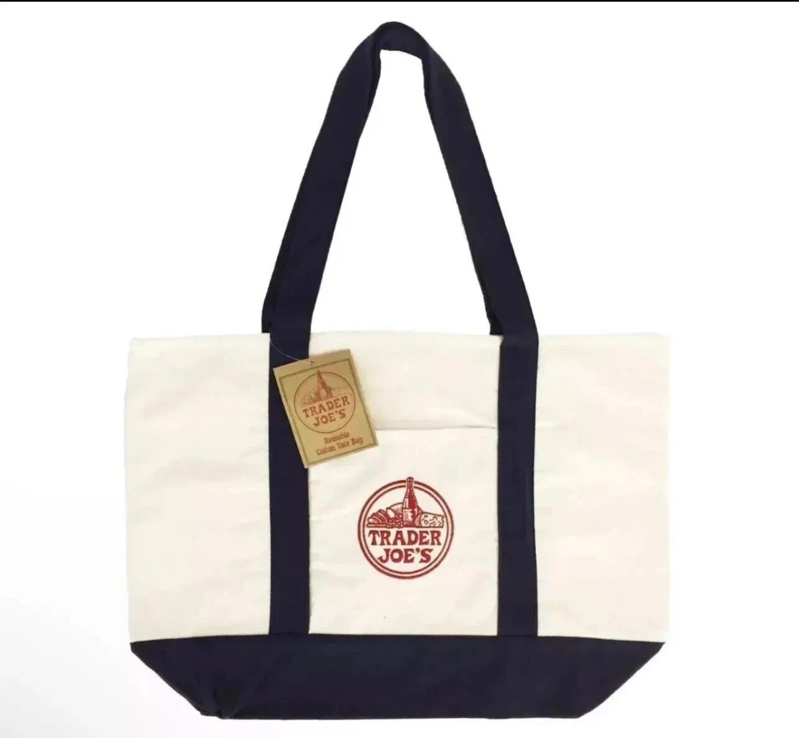 NEW LOT of 6 Trader Joe's Canvas Grocery Reusable Tote Bag Navy cream Large NIH