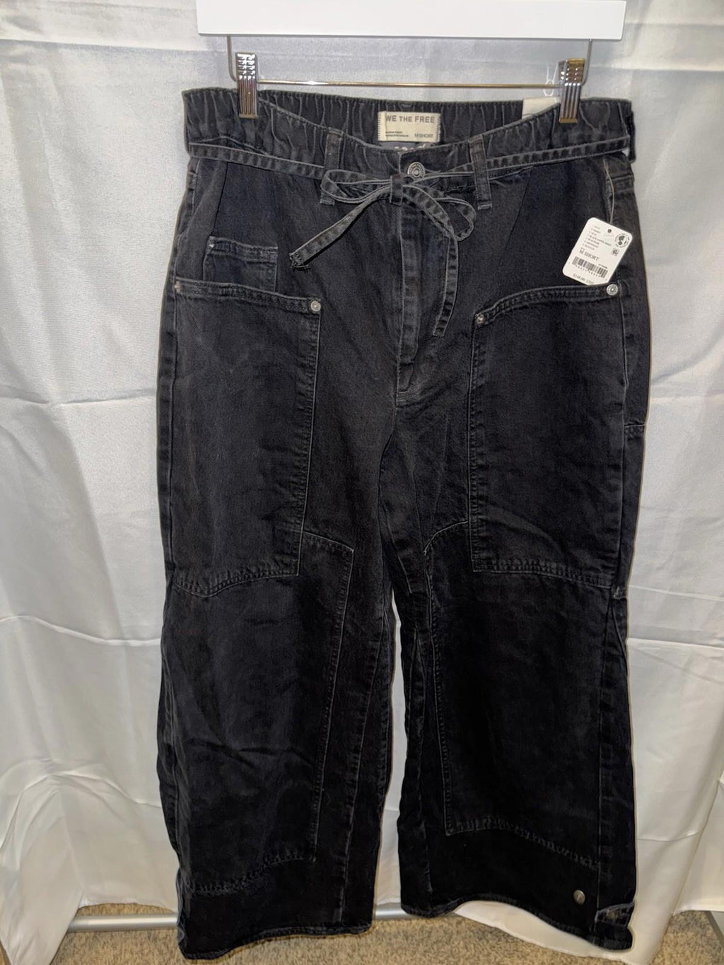 Free People CRVY Outlaw Wide Leg Jeans Distress Pockets Belt Black Jasper M NWT