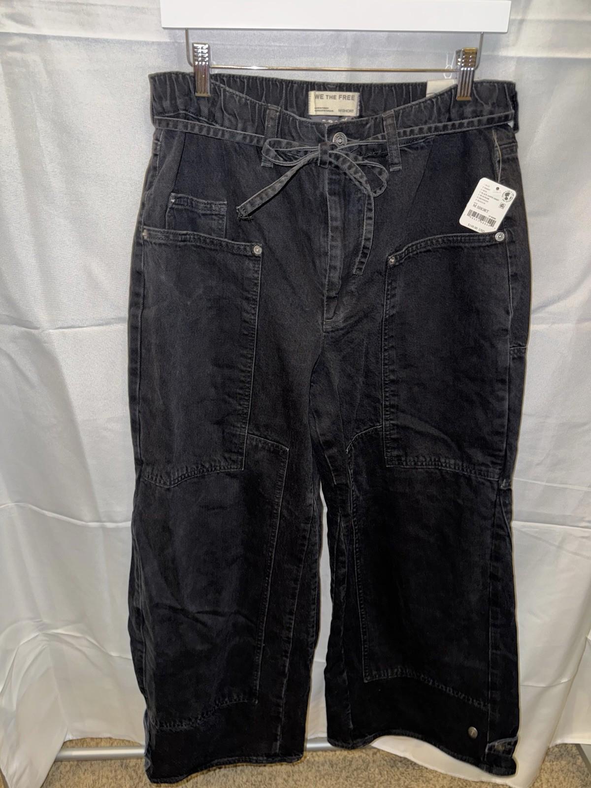 Free People CRVY Outlaw Wide Leg Jeans Distress Pockets Belt Black Jasper M NWT