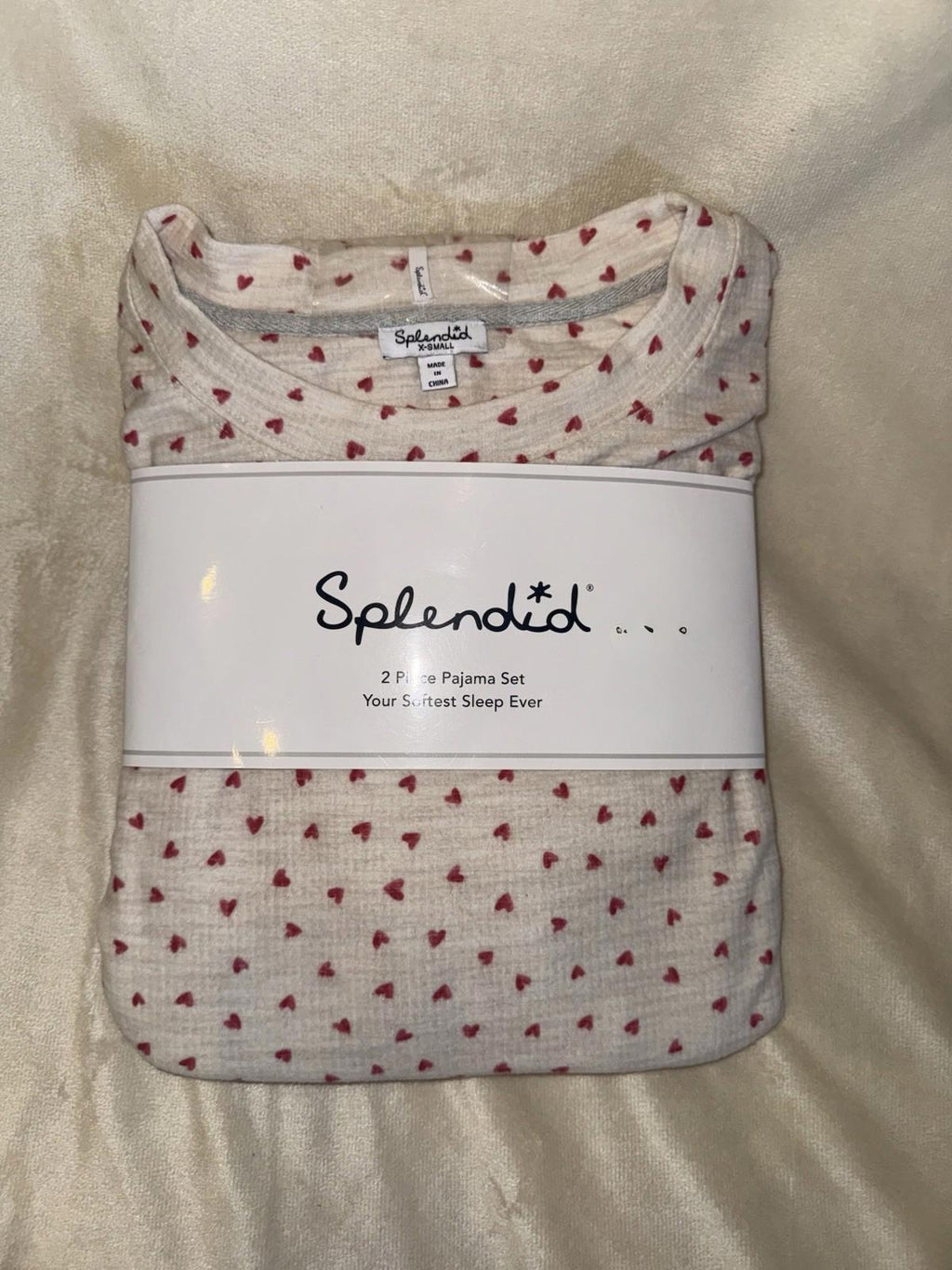 NEW Splendid 2-Piece Marna Waffle Pajama Set XS Tan & Red Hearts NWT $88
