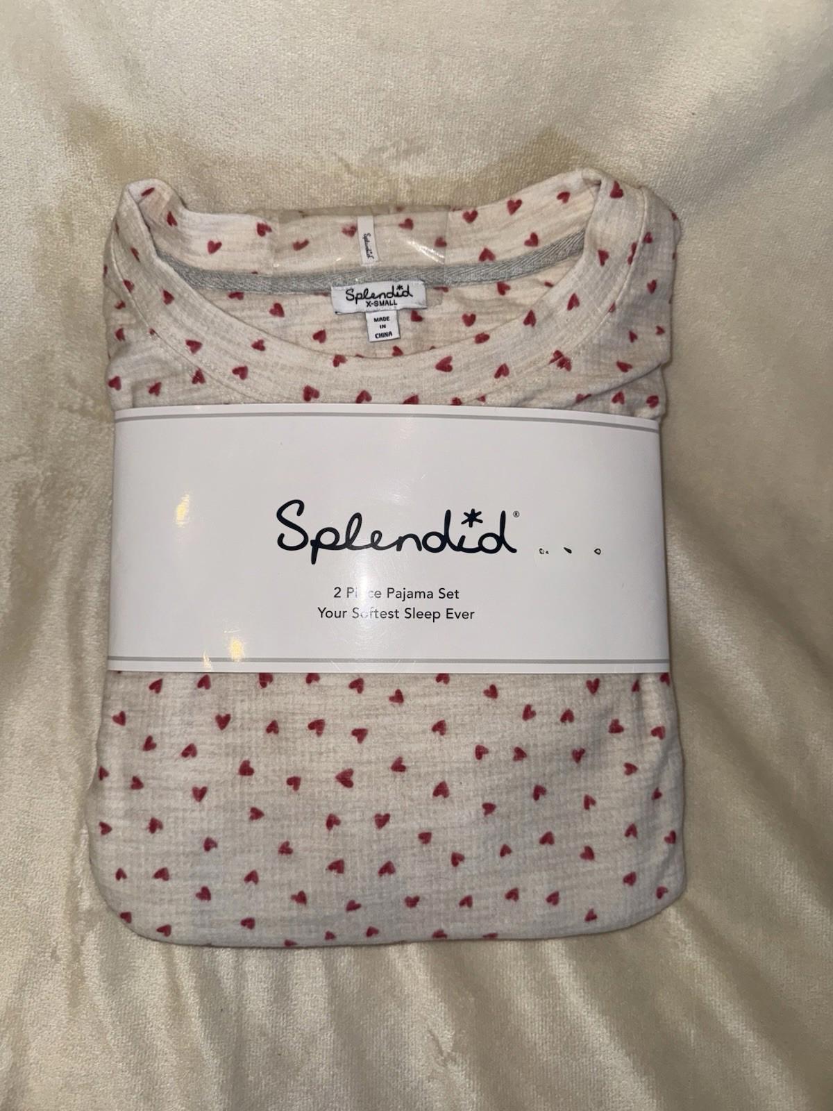 NEW Splendid 2-Piece Marna Waffle Pajama Set XS Tan & Red Hearts NWT $88