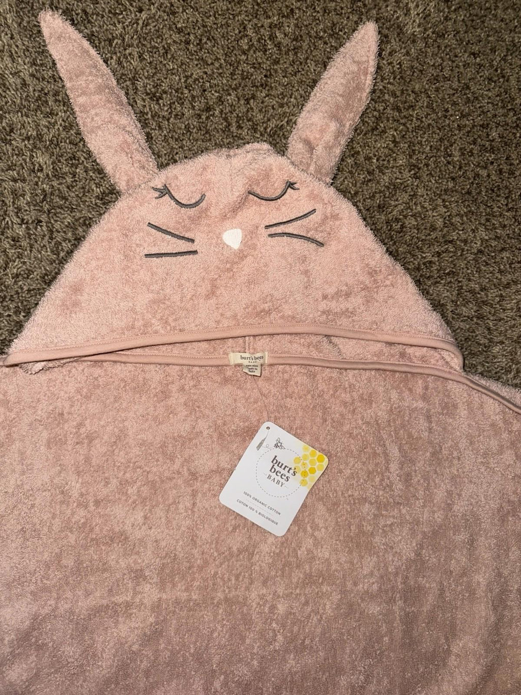 Burt's Bees Baby Hooded Towel Pink Bunny Organic Cotton Bath Animal Towel NWT