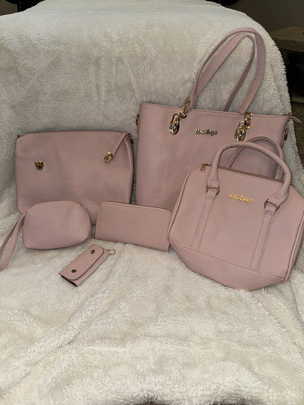 Mei & Ge pink 6-pc Set, Purse, Wallet, Makeup Bag, Clutch,