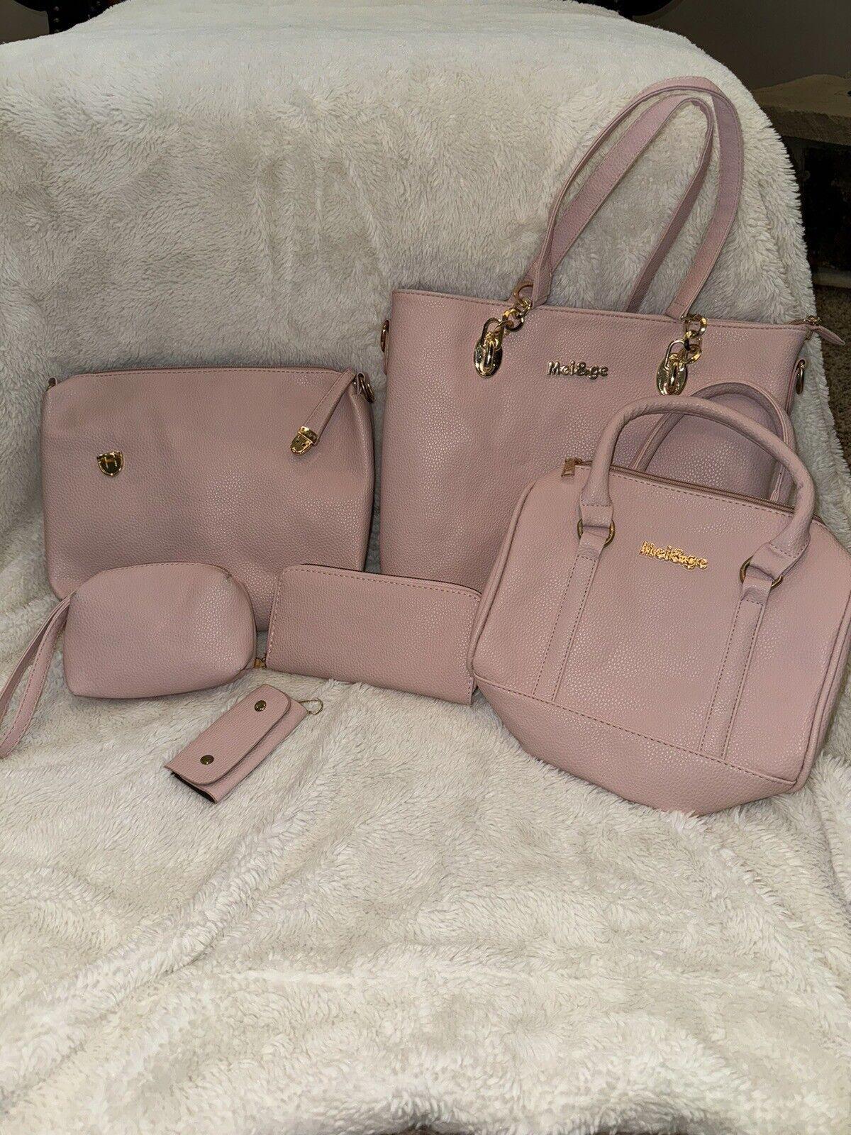 Mei & Ge pink 6-pc Set, Purse, Wallet, Makeup Bag, Clutch,