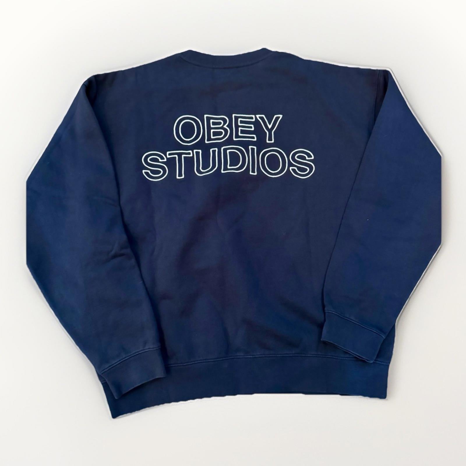 NEW! OBEY STUDIOS FADED CREW Navy Blue Size Medium