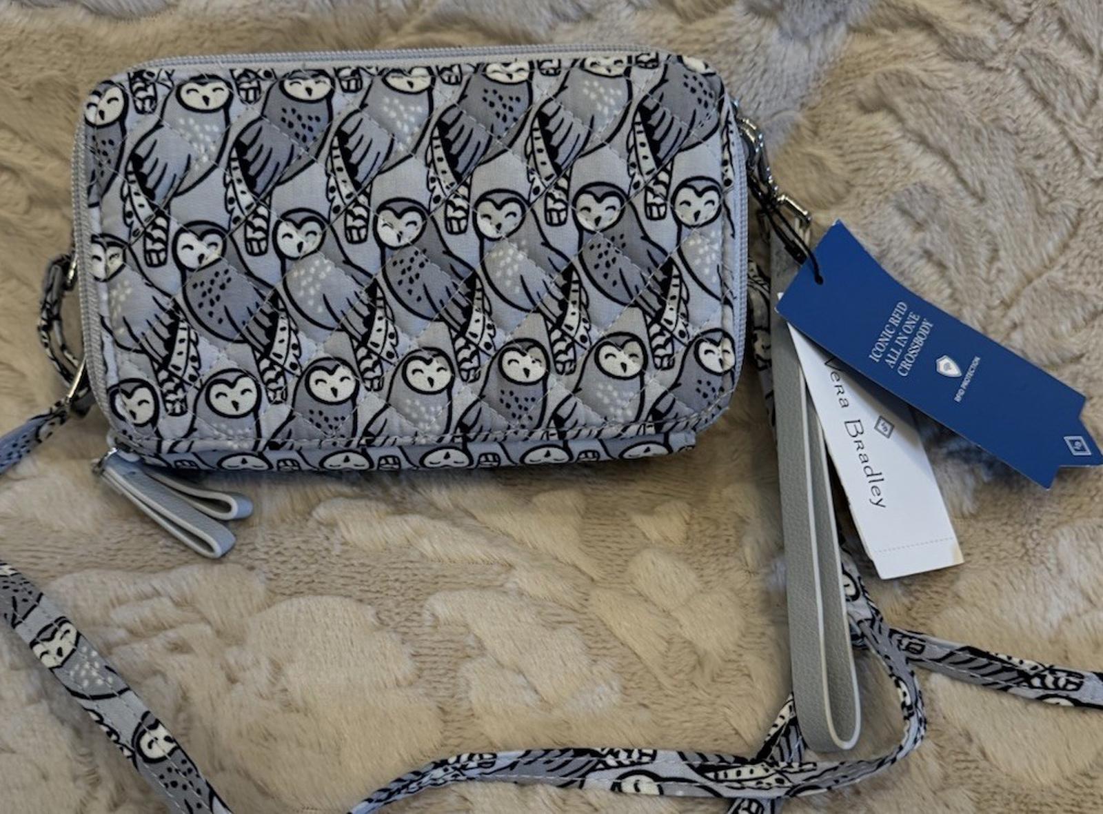 New Vera Bradley All In One Crossbody Wallet Purse Gray Owls (2018-Retired) RFID