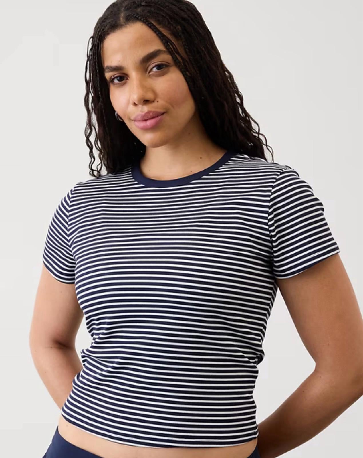 Athleta Signature Rib Crop Tee Sz S New $55 Martina Navy Stripe Short Knit Top