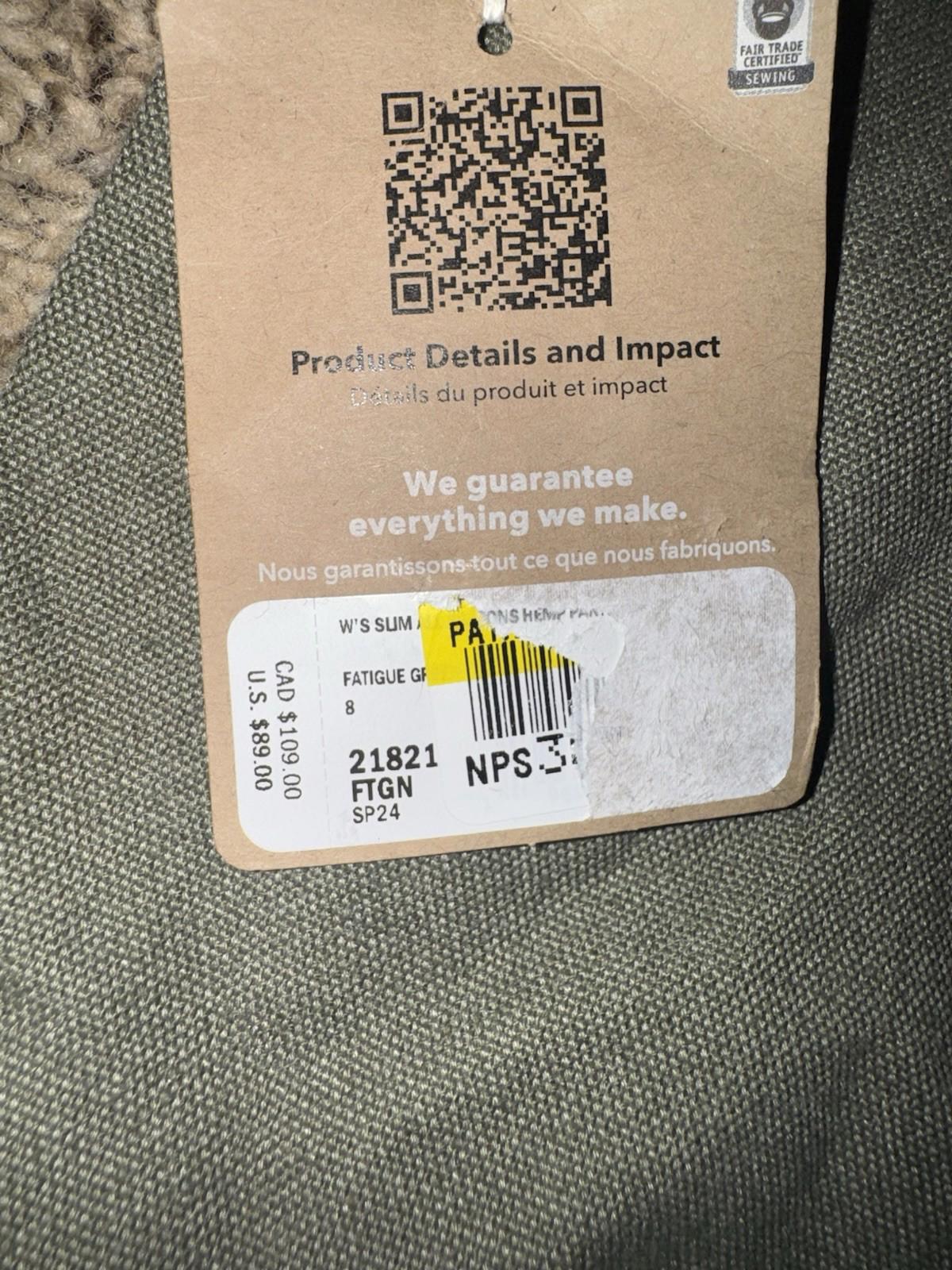 Patagonia SLIM All Seasons Hemp Blend Pants Women’s 8 Fatigue Green Canvas NEW