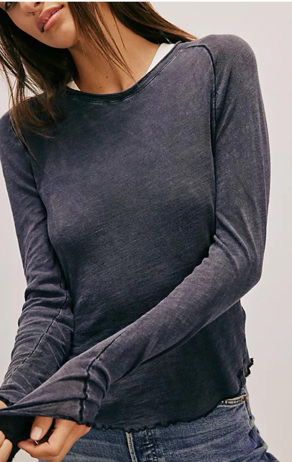 We The Free Womens MED Washed Black Free People Be My Baby Long Sleeve Tee NEW