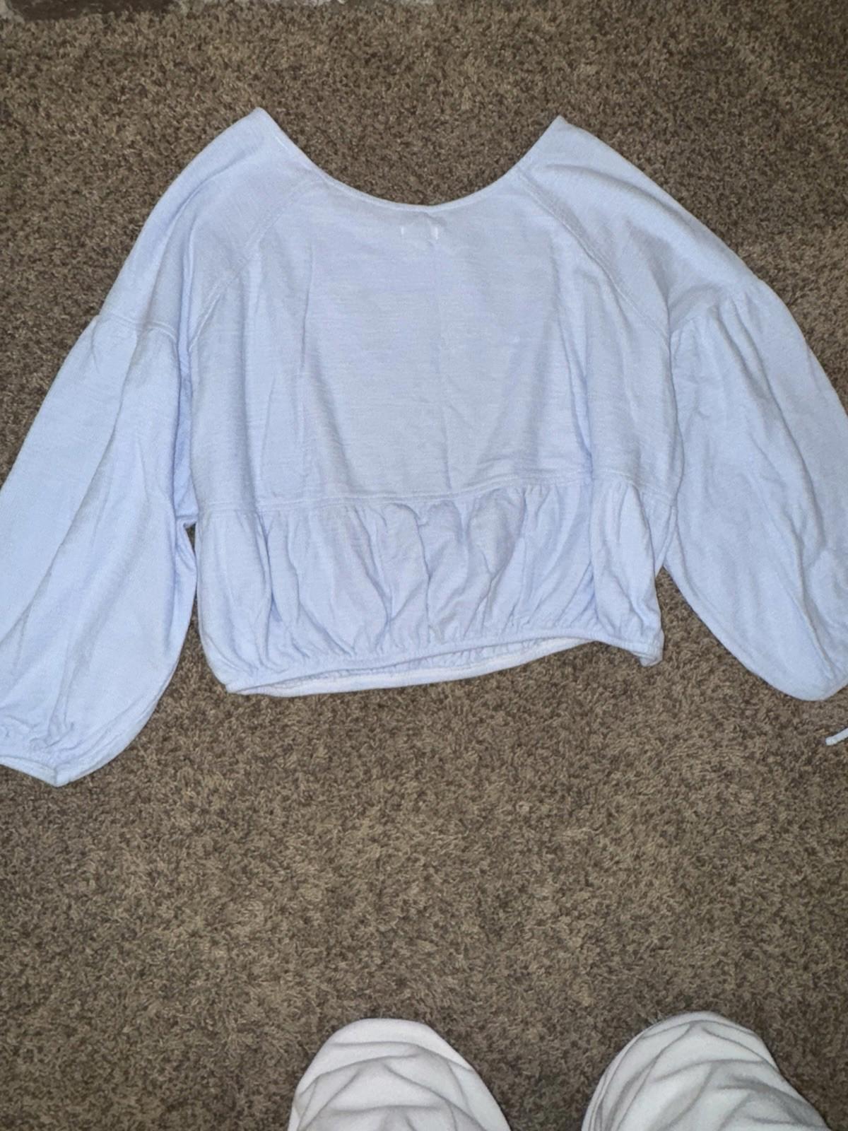 Aerie Endless Summer Cropped Sweatshirt Women's L Balloon Tie Sleeve Blue NWT