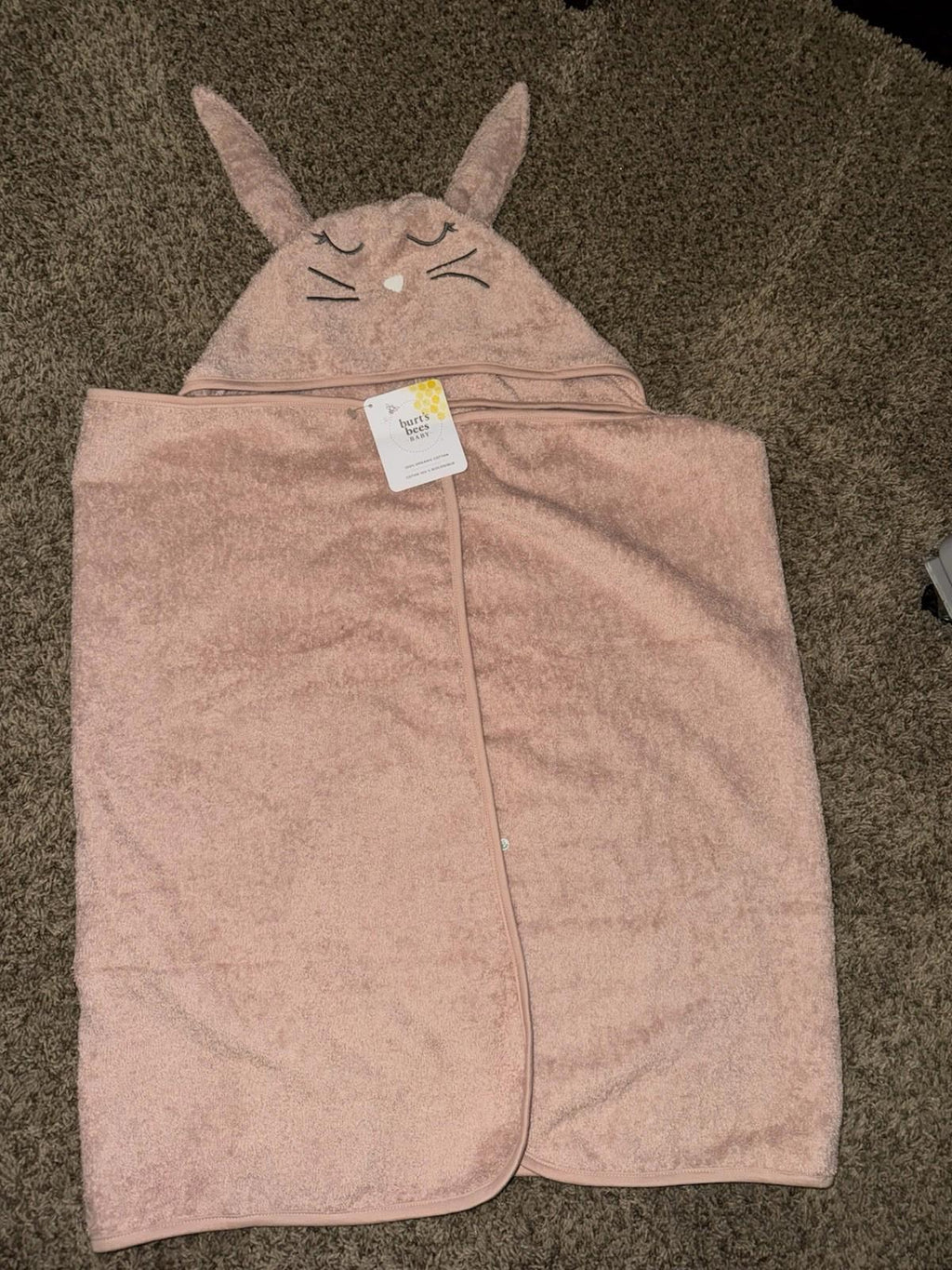 Burt's Bees Baby Hooded Towel Pink Bunny Organic Cotton Bath Animal Towel NWT