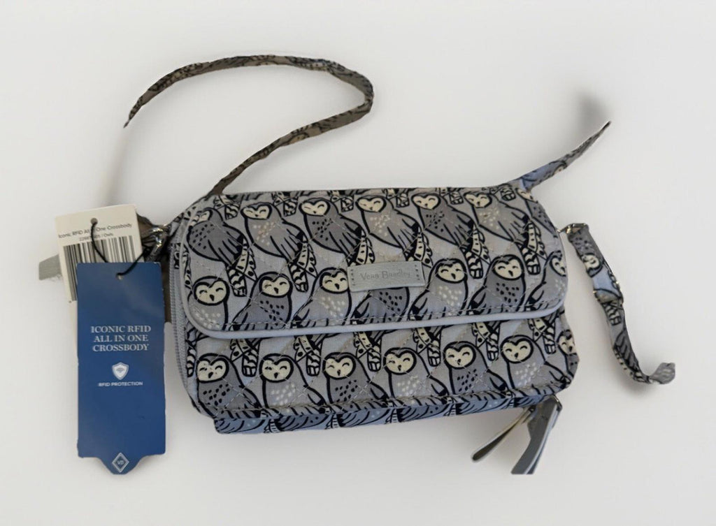 New Vera Bradley All In One Crossbody Wallet Purse Gray Owls (2018-Retired) RFID