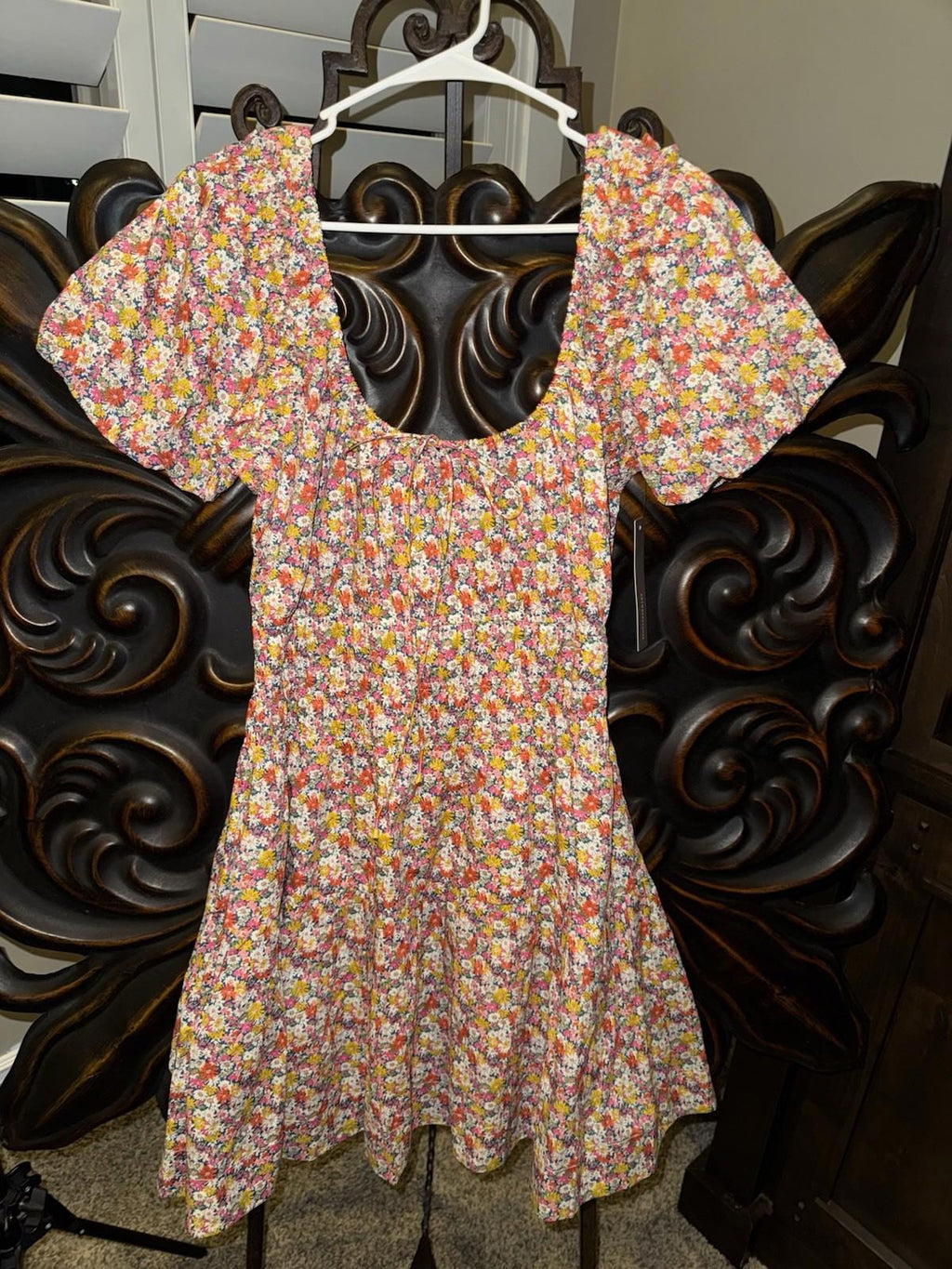 For Love & Lemons Libby Mini Dress in Orange Floral LG Short Sleeve Lined