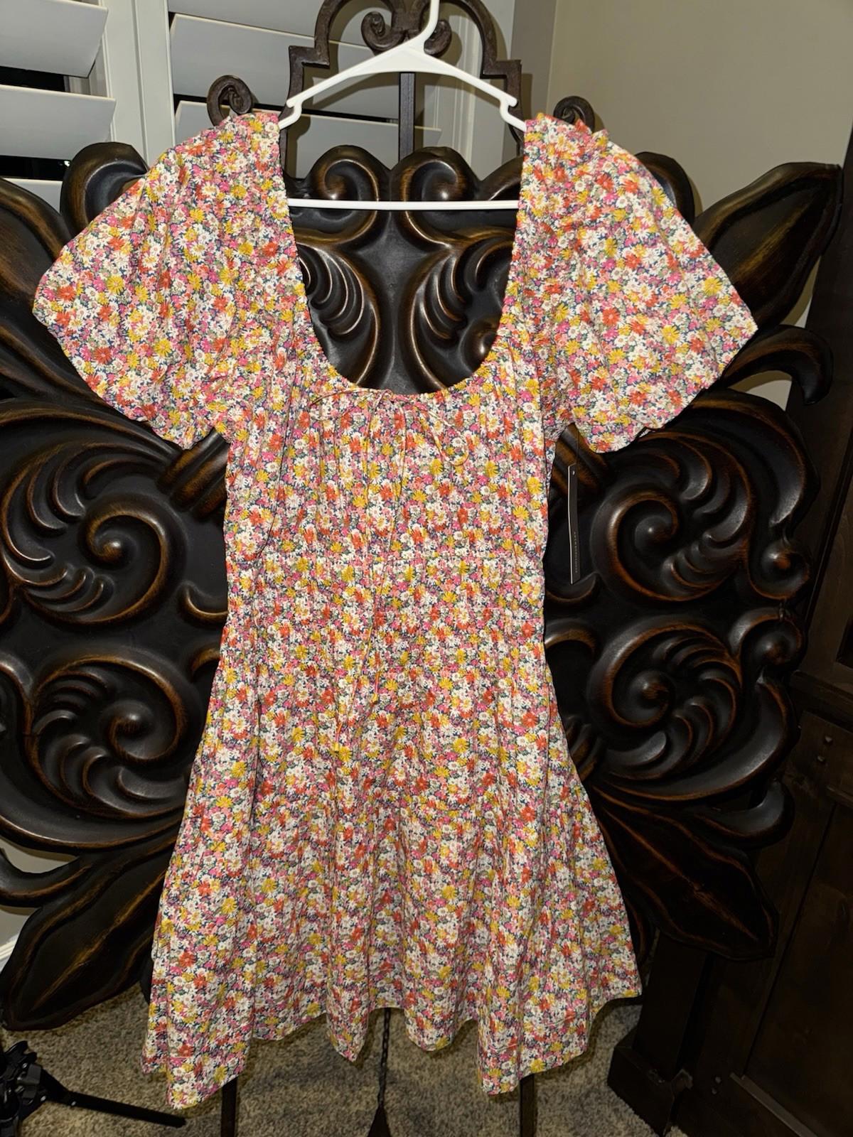 For Love & Lemons Libby Mini Dress in Orange Floral LG Short Sleeve Lined