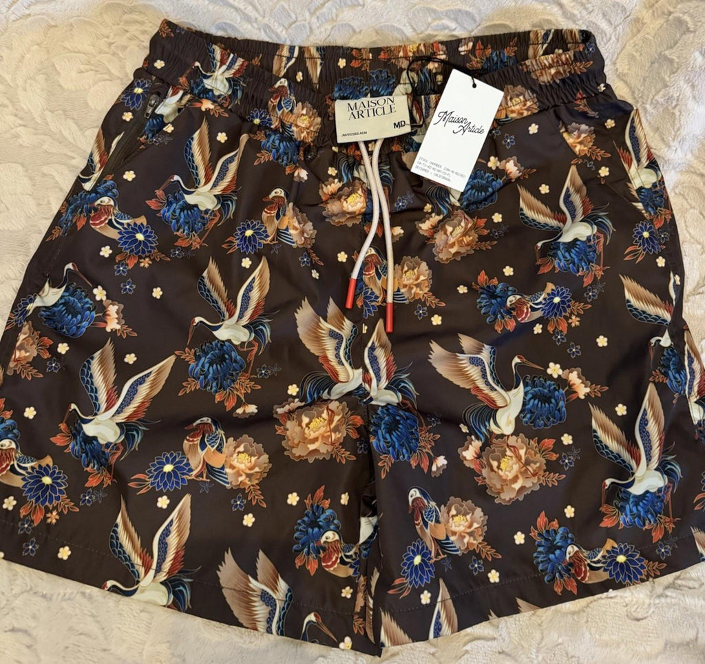NEW! Maison Article Shorts Men's MED  Crane Black Mesh Lined Trunks NWT