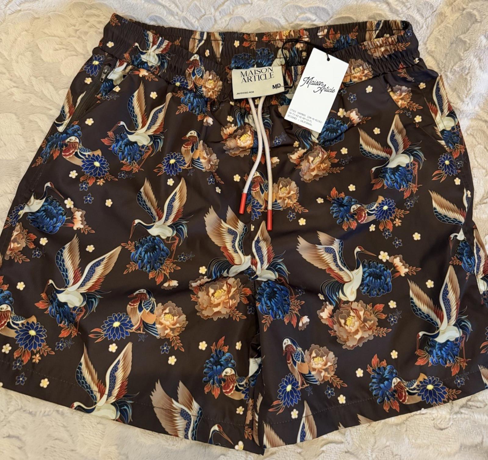 NEW! Maison Article Shorts Men's MED  Crane Black Mesh Lined Trunks NWT