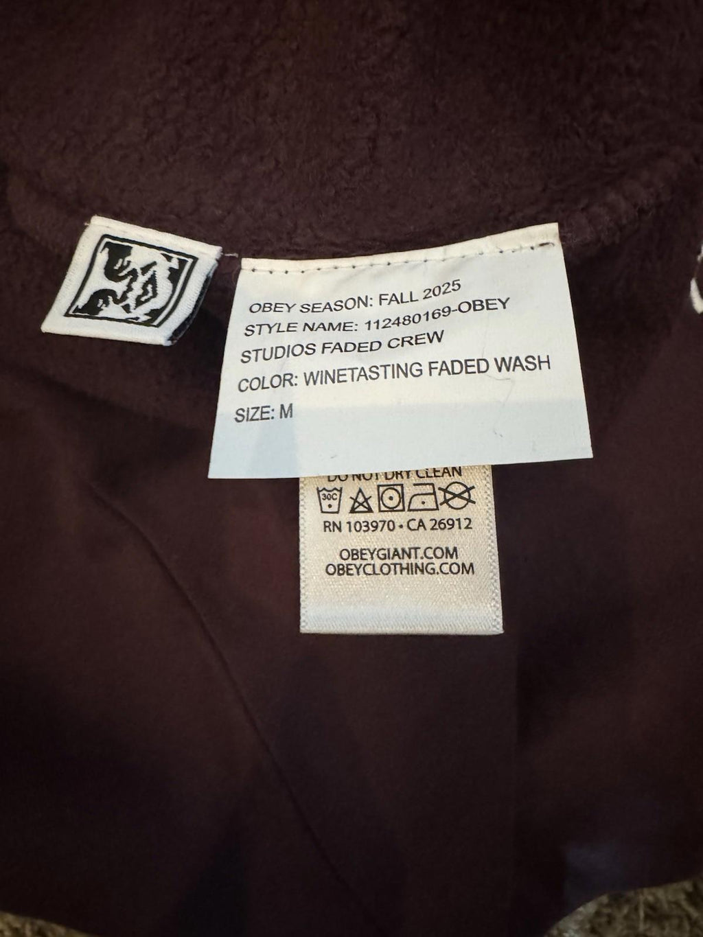 NEW! OBEY STUDIOS FADED CREW Burgundy Winetasting Faded Red Size Medium