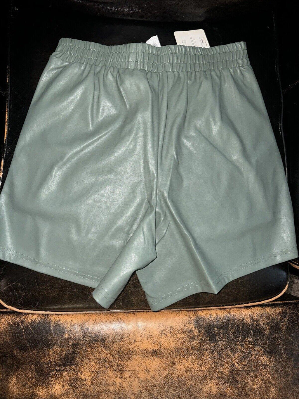 Fabletics Women's Vegan Leather High waisted Shorts Smoke green L NWT Stretch