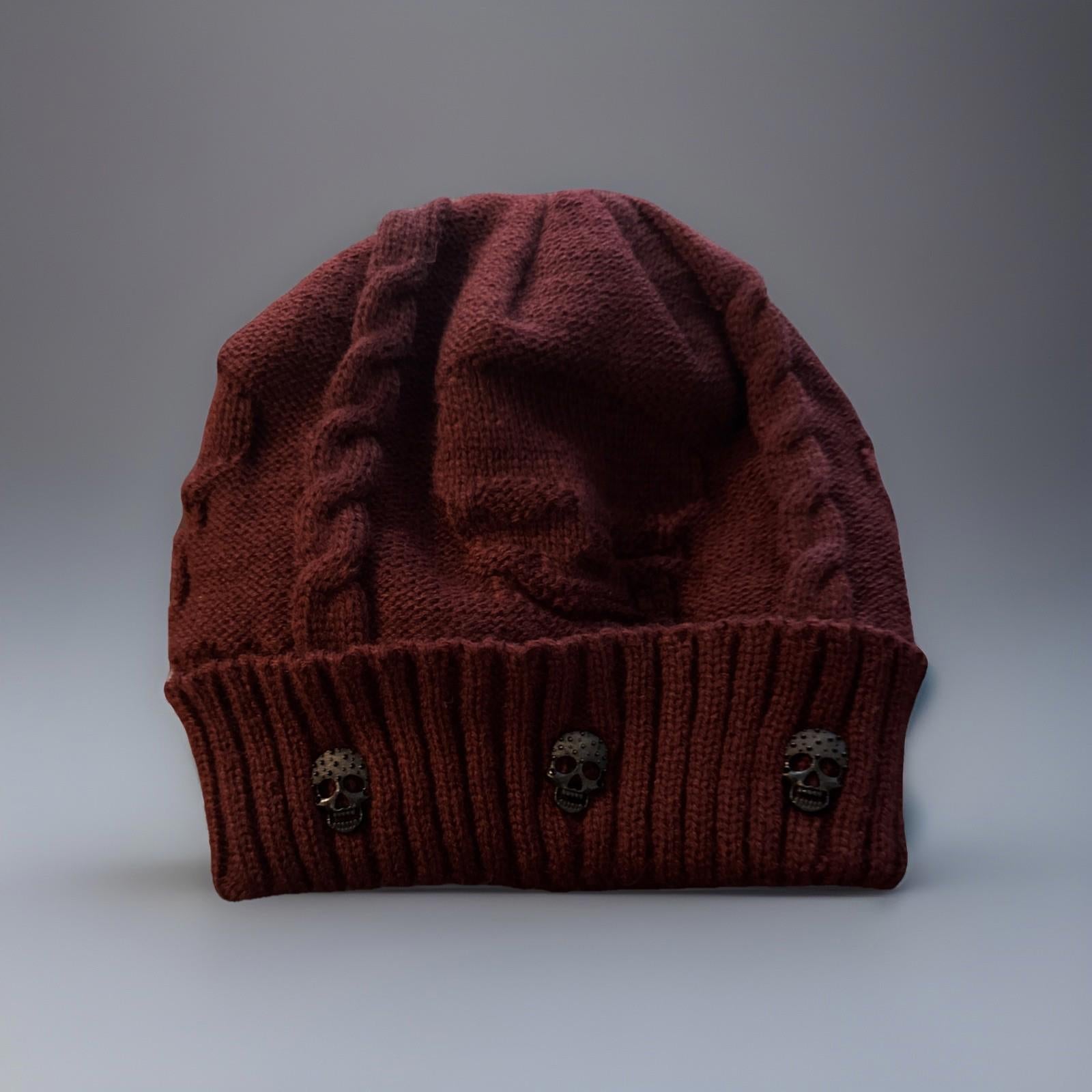 Winter Beanies Men Knitted Skull Pattern Maroon Hat With Metal Skulls Skull NEW