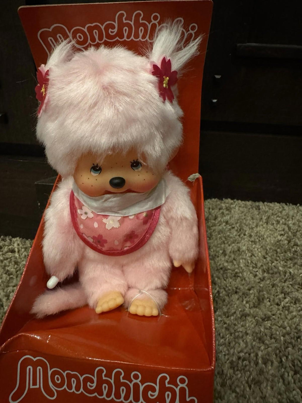 Monchhichi Sekiguchi Sakura Cherry Blossom Pink Plush Doll Rare Blue Eyes, NIB