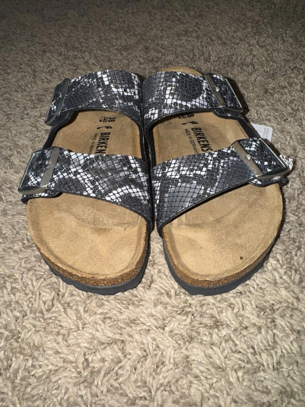 Birkenstock ARIZONA Birko-Flor Snake Print Slide Grey Sandals Women's 7 EUR 38