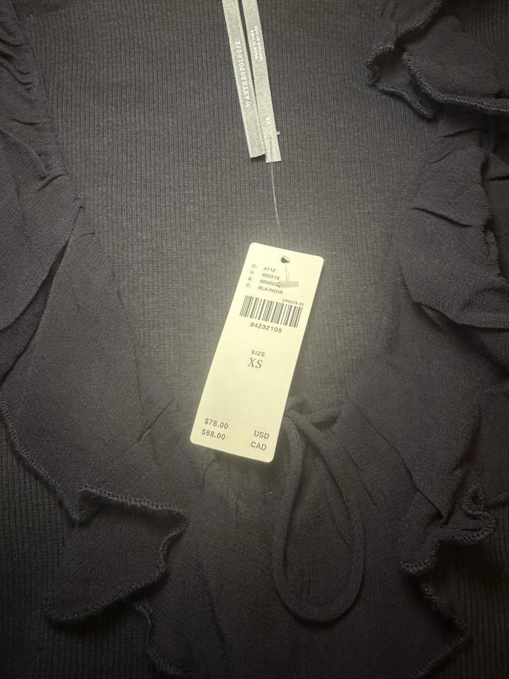 BY ANTHROPOLOGIE Long-Sleeve Ruffle Top Women's Size S Black