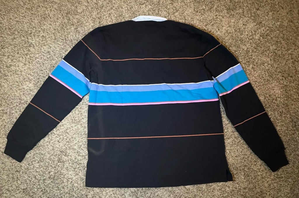 Noah NY Mens Practice Cloth Rugby Shirt LARGE Striped White Collar Logo