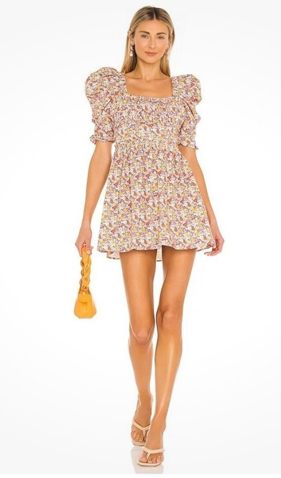 For Love & Lemons Libby Mini Dress in Orange Floral LG Short Sleeve Lined