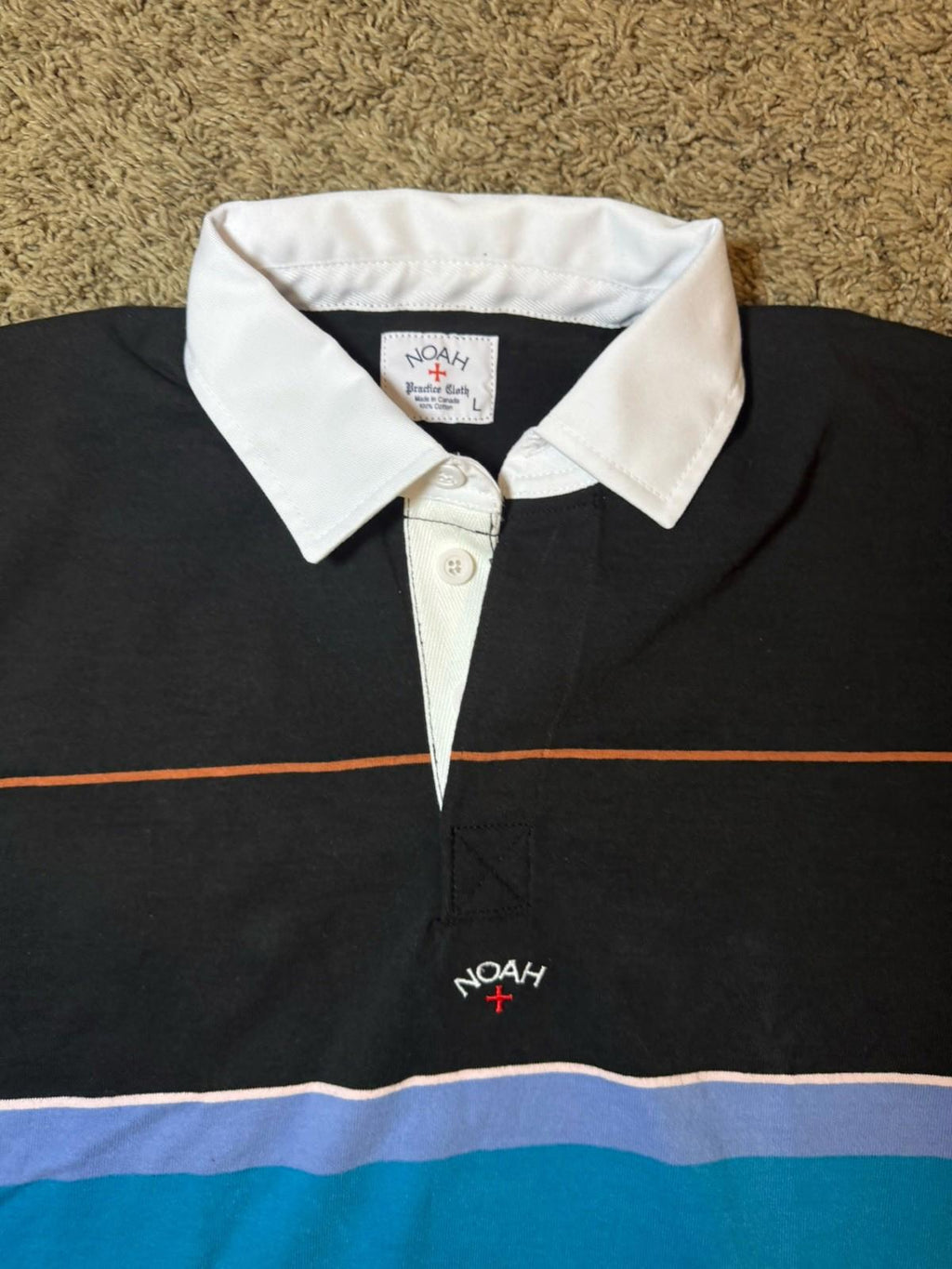 Noah NY Mens Practice Cloth Rugby Shirt LARGE Striped White Collar Logo