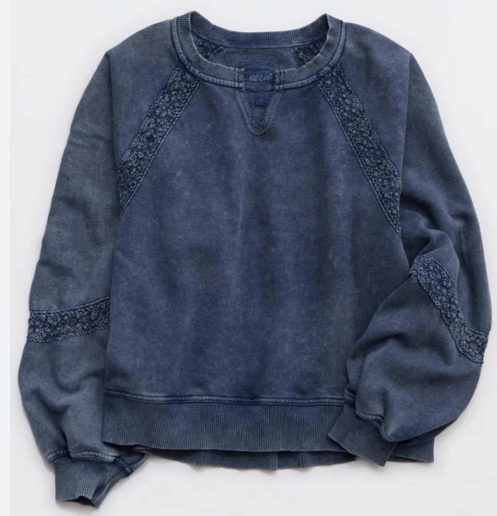 NEW! Aerie Women’s Hey Crochet Sweatshirt BLUE Size M NWT