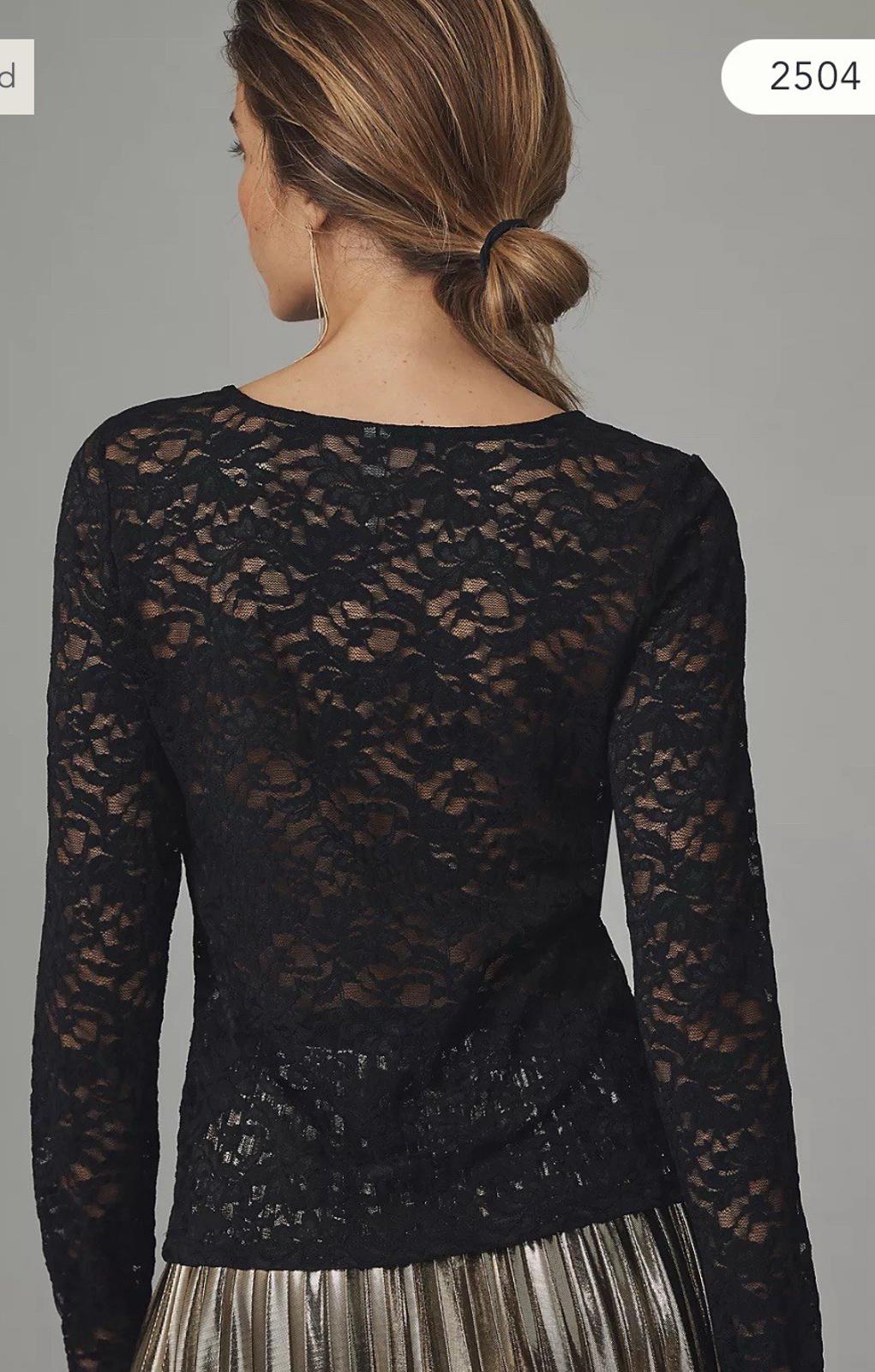 NWT Anthropologie Women Long-Sleeve Lace Crew-Neck Top NEW Black XS